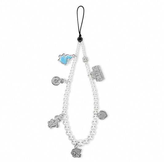 Alice in Wonderland Pearl Phone Charm, White Pearl Beaded Phone Strap Wristlet
