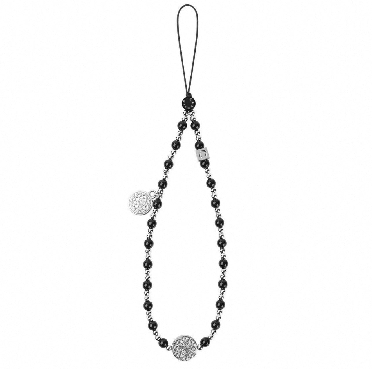 Black Bead Phone Strap, Vintage Silver Geometric Charm Beaded Phone Charm Wristlet